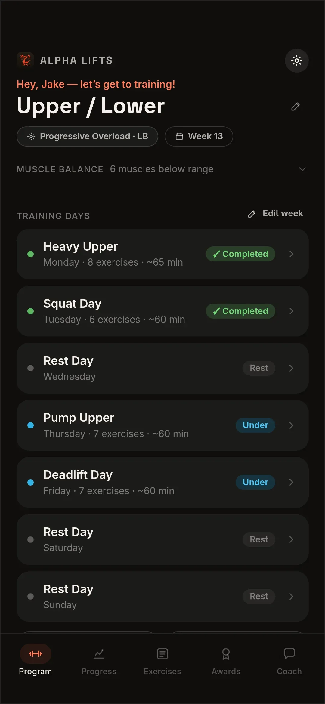 A built Upper/Lower program in Alpha Lifts, in week 13 of progressive overload, listing the week’s training days and which are done.